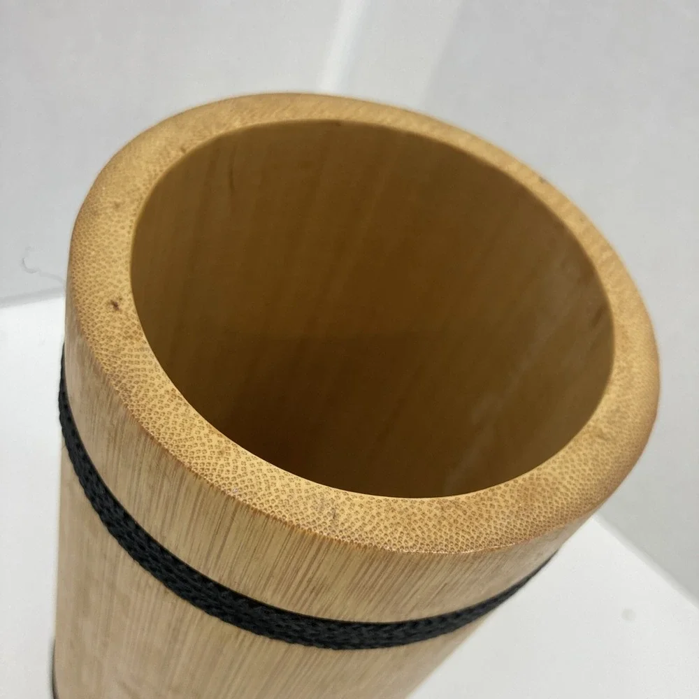 Natural Bamboo Cylinder Vase Decorative Container with Black Cord Accents 7.25in